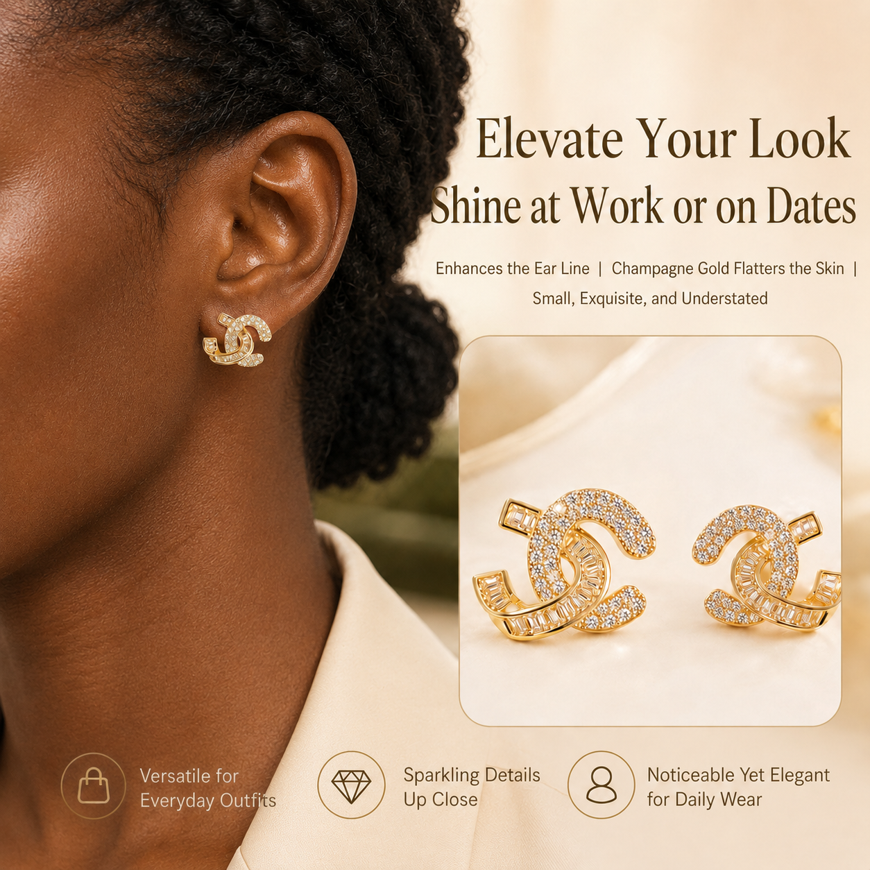 Women's Champagne Gold Shimmer Double Hoop Earrings, Elegant Minimalist Luxury Fashion Jewelry for Daily Office Party Gift，double hoop earrings, champagne gold earrings, hoop earrings for women,