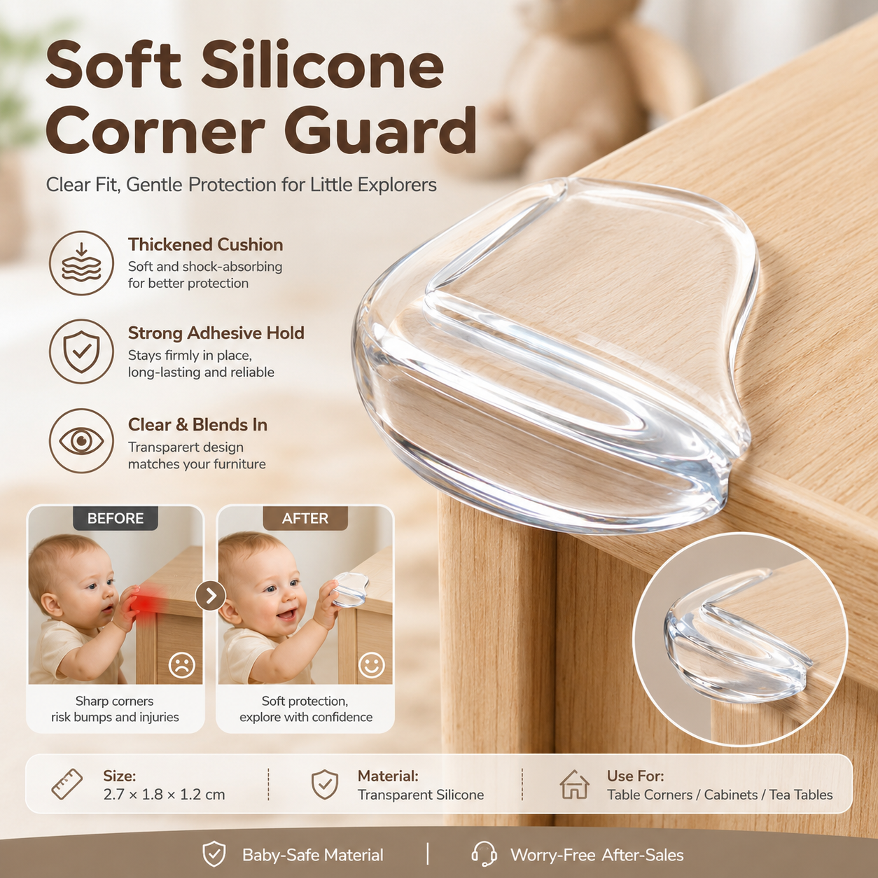 Transparent Silicone Corner Protector, Baby Safety Anti-collision Table Corner Guard, Furniture Edge Bumper for Kids Home Childproofing，soft corner cushion, table edge protection, furniture corner bum
