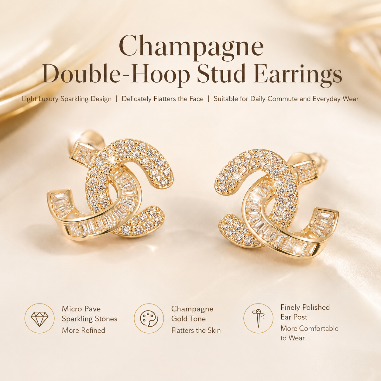 Women's Champagne Gold Shimmer Double Hoop Earrings, Elegant Minimalist Luxury Fashion Jewelry for Daily Office Party Gift，double hoop earrings, champagne gold earrings, hoop earrings for women,