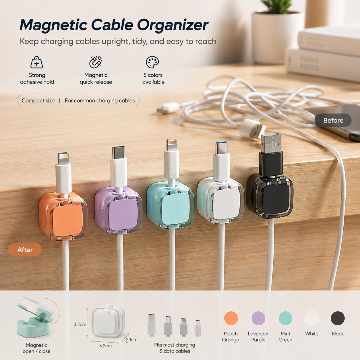 Magnetic Cable Organizer Clips, No‑Drill Self‑Adhesive Cord Holder, Reusable Wire Winder Strap for Desktop USB Charging Cable Storage Fixer