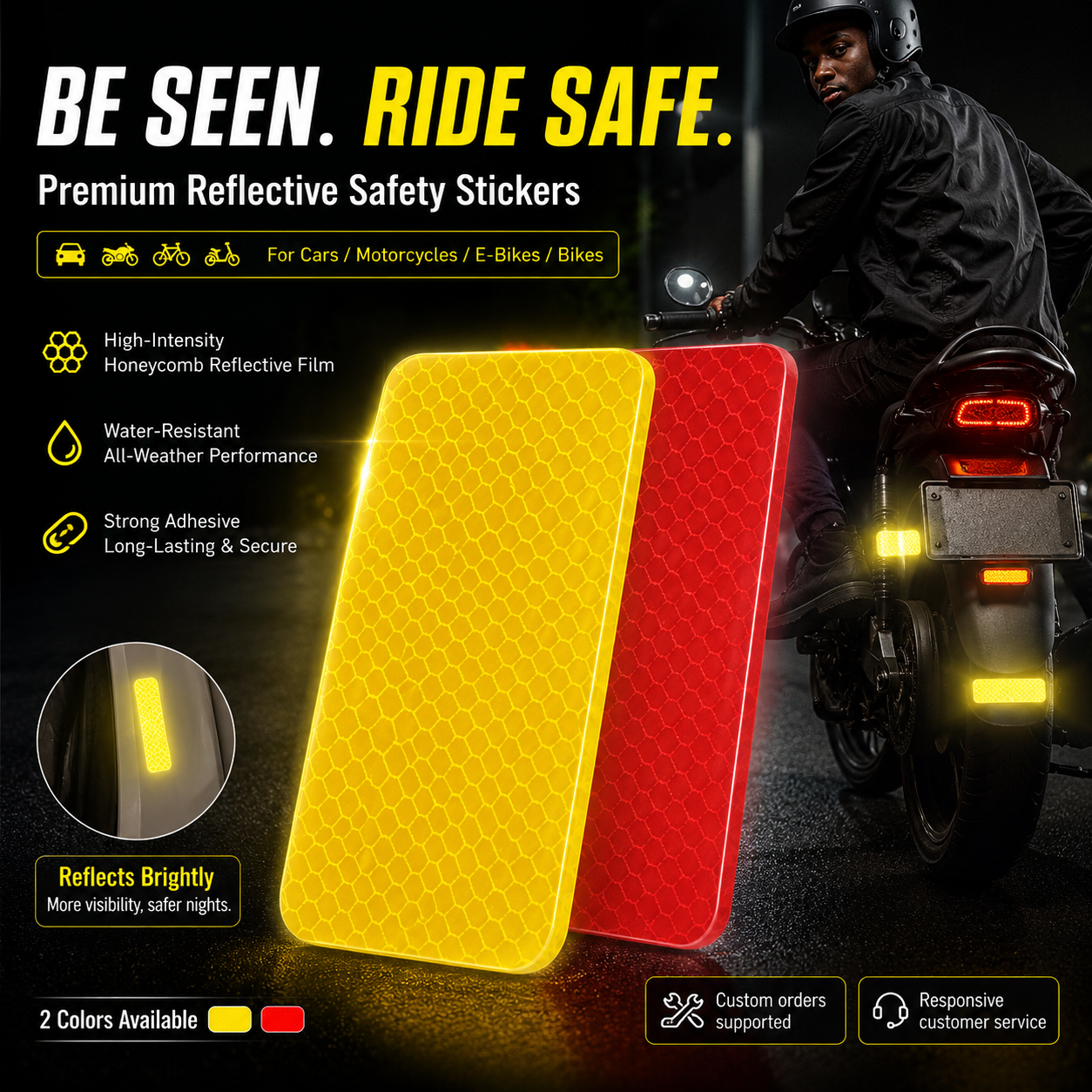 reflective sticker,reflective warning tape,motorcycle reflective decal,electric bike safety sticker,night visibility reflector,self‑adhesive reflective film,anti‑collision reflective strip,custom prin
