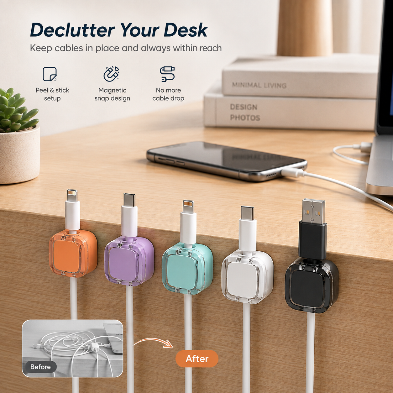 Magnetic Cable Organizer Clips, No‑Drill Self‑Adhesive Cord Holder, Reusable Wire Winder Strap for Desktop USB Charging Cable Storage Fixer