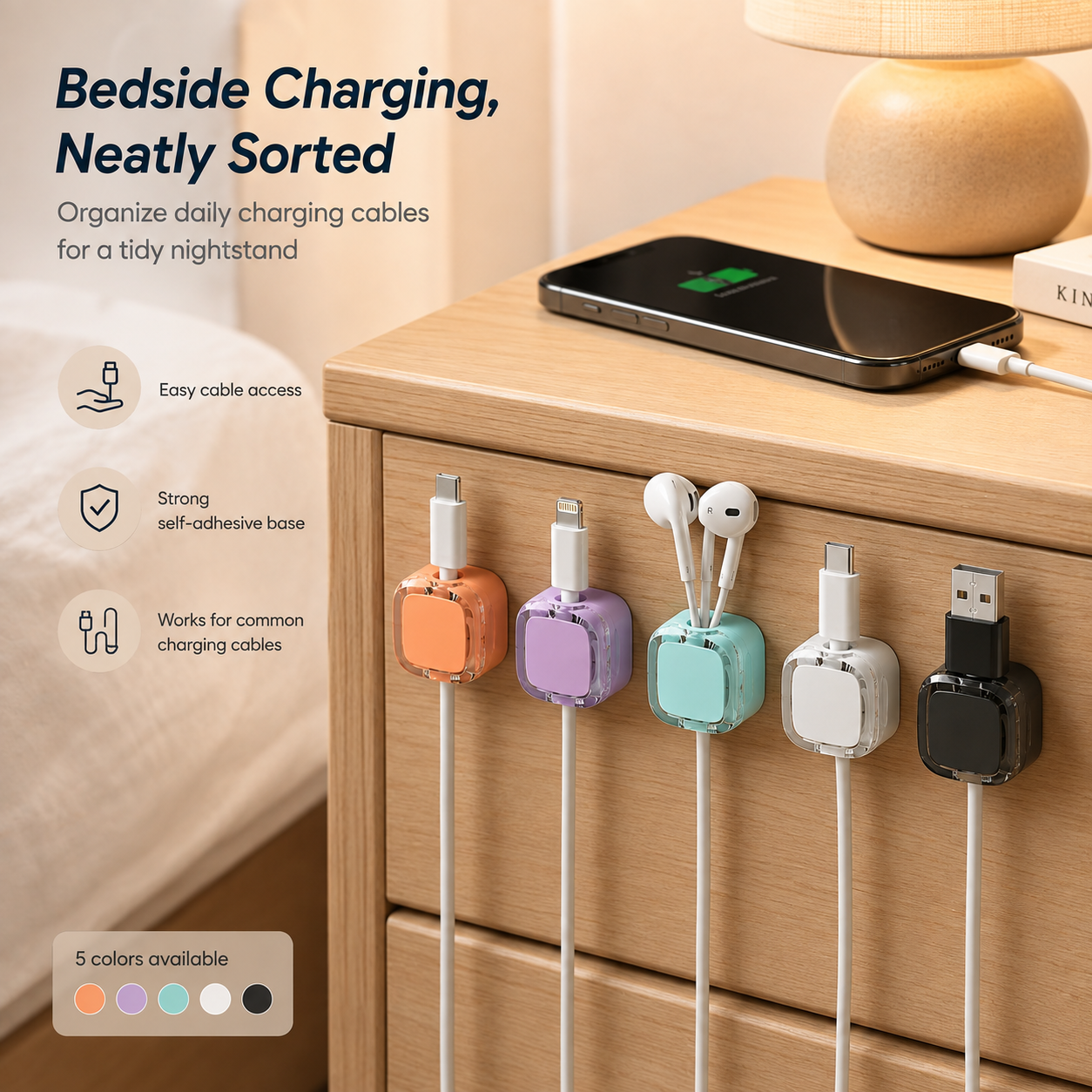 Magnetic Cable Organizer Clips, No‑Drill Self‑Adhesive Cord Holder, Reusable Wire Winder Strap for Desktop USB Charging Cable Storage Fixer