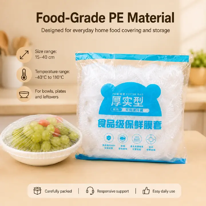 Disposable Food‑Grade PE Plastic Wrap Covers, Elastic Bowl Plate Covers, Dust‑Proof Anti‑Odor Food Saver Covers for Fridge Kitchen Wholesale
