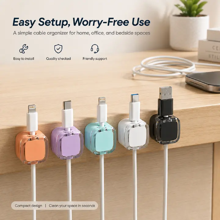 Magnetic Cable Organizer Clips, No‑Drill Self‑Adhesive Cord Holder, Reusable Wire Winder Strap for Desktop USB Charging Cable Storage Fixer