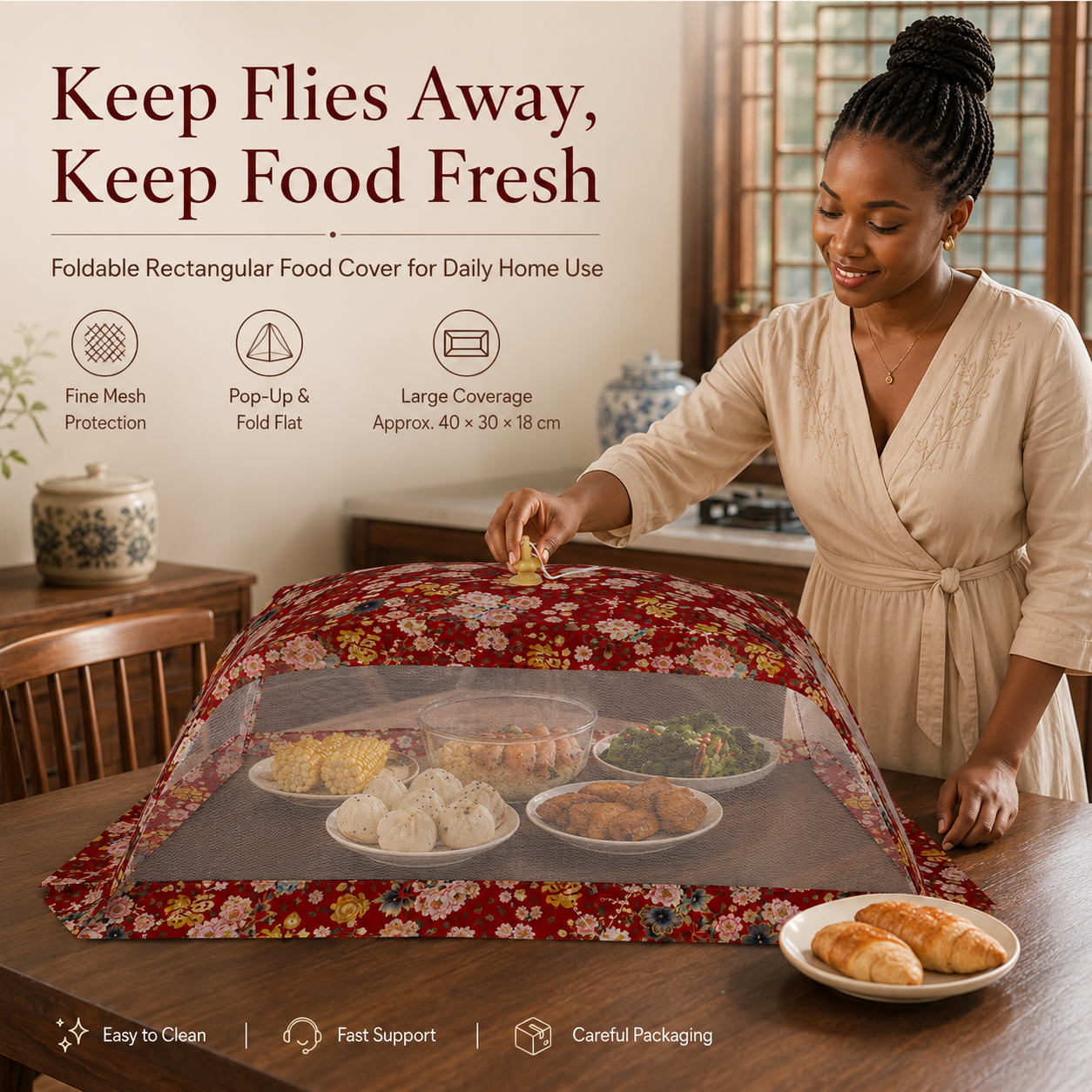 foldable mesh food cover, fly proof dish cover, reusable table food net cover, long shape food cover, dust‑proof meal cover, kitchen leftover protector, food screen cover, anti‑insect dish guard