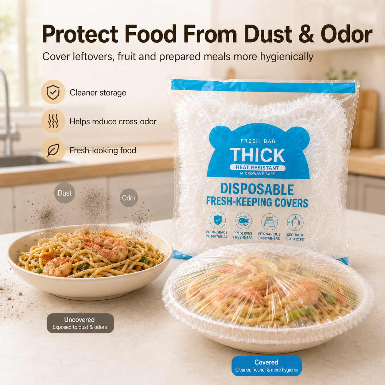 Disposable Food‑Grade PE Plastic Wrap Covers, Elastic Bowl Plate Covers, Dust‑Proof Anti‑Odor Food Saver Covers for Fridge Kitchen Wholesale