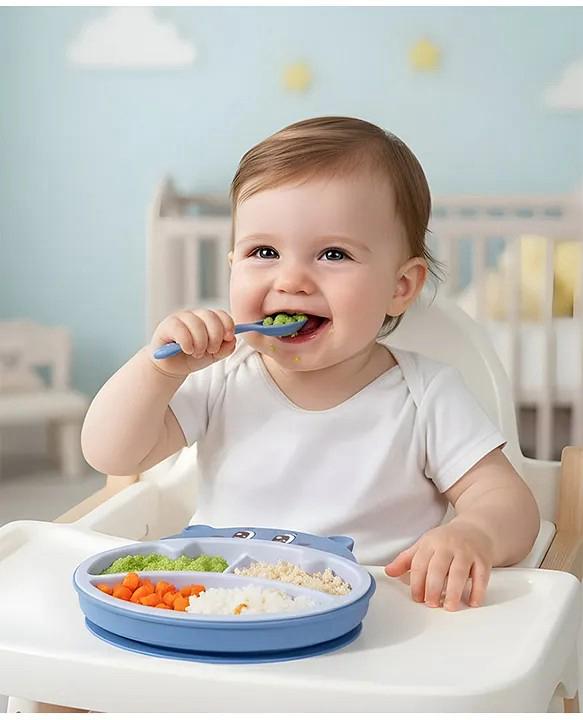 Hippo Tableware Set| 5-Pcs Set| Divided Baby Plates|Tableware Set for Kids| Toxin-Free, Food Grade and BPA Free| Attractive Spoon and Fork - Blue