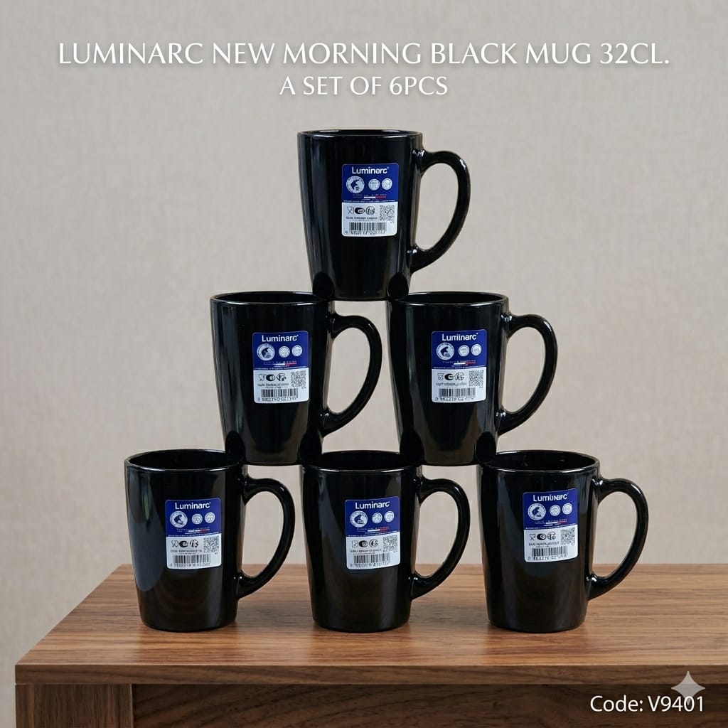6 PCS Genuine Luminarc New Morning Premium Black Mug Set – Heavy-Duty Tempered Glass Coffee Mugs, Sleek Ultra-Modern Tea Cups & Elite Obsidian-Black Beverage Hospitality Core