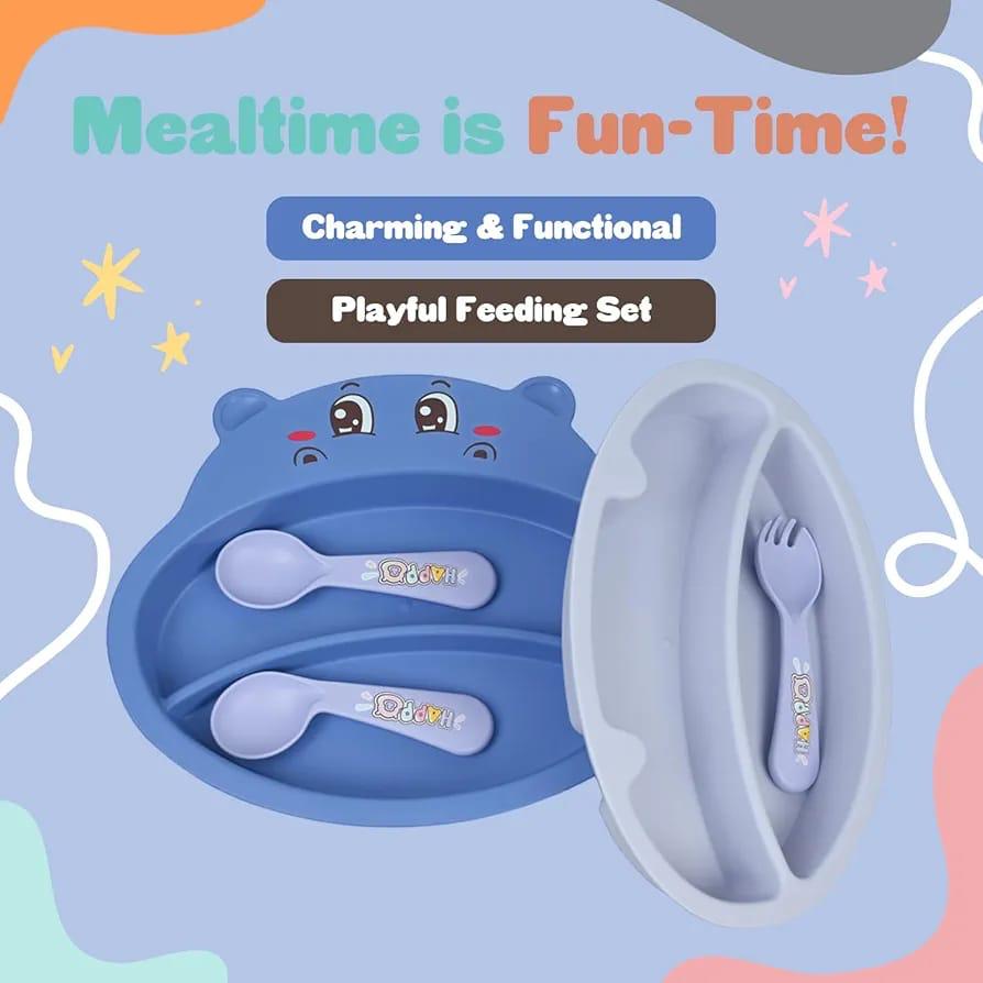 Hippo Tableware Set| 5-Pcs Set| Divided Baby Plates|Tableware Set for Kids| Toxin-Free, Food Grade and BPA Free| Attractive Spoon and Fork - Blue
