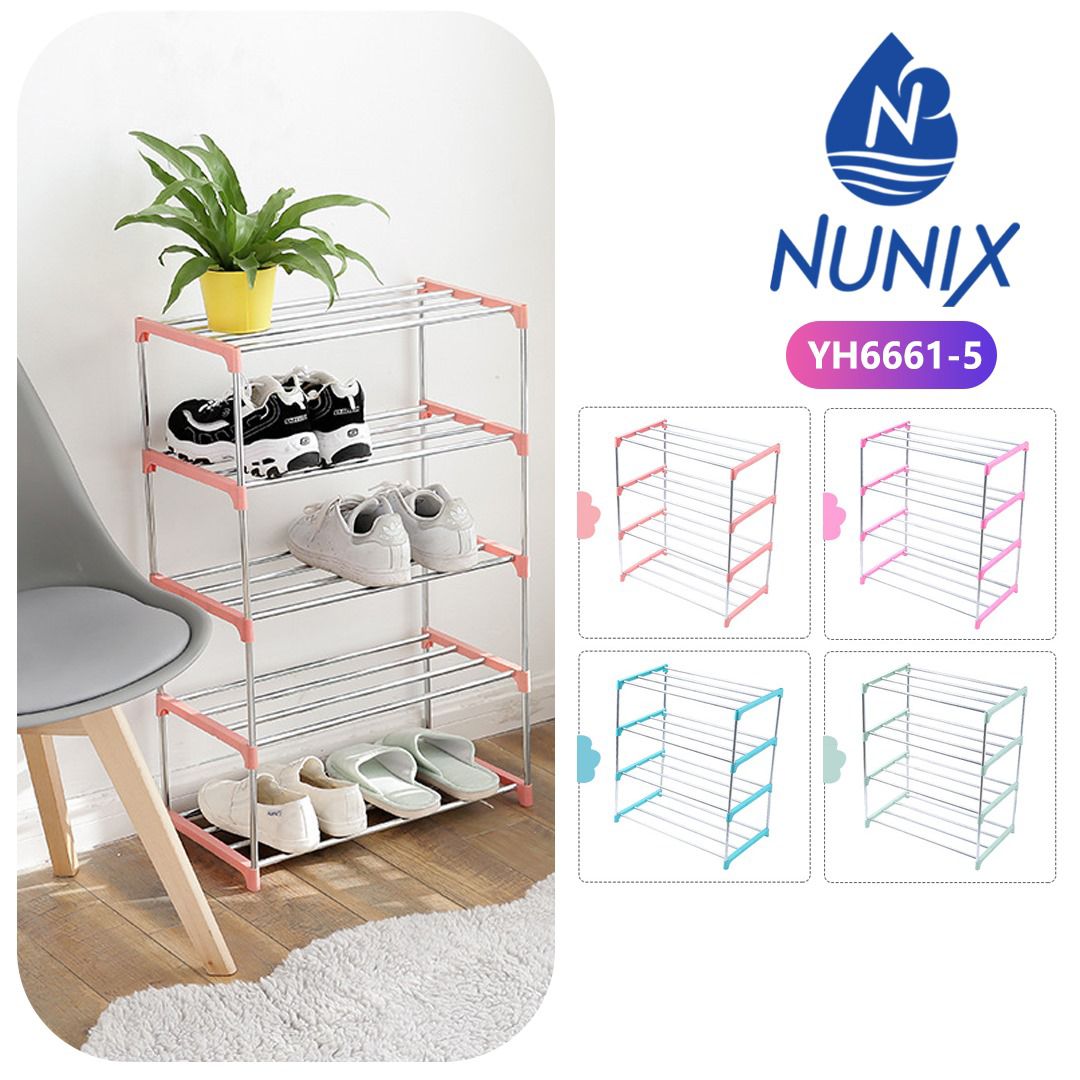 Nunix YH6661-5 5-Tier Portable Shoe Rack – Lightweight 5-Layer Footwear Storage Organizer Shelf with Stainless Steel Frame and Plastic Connectors