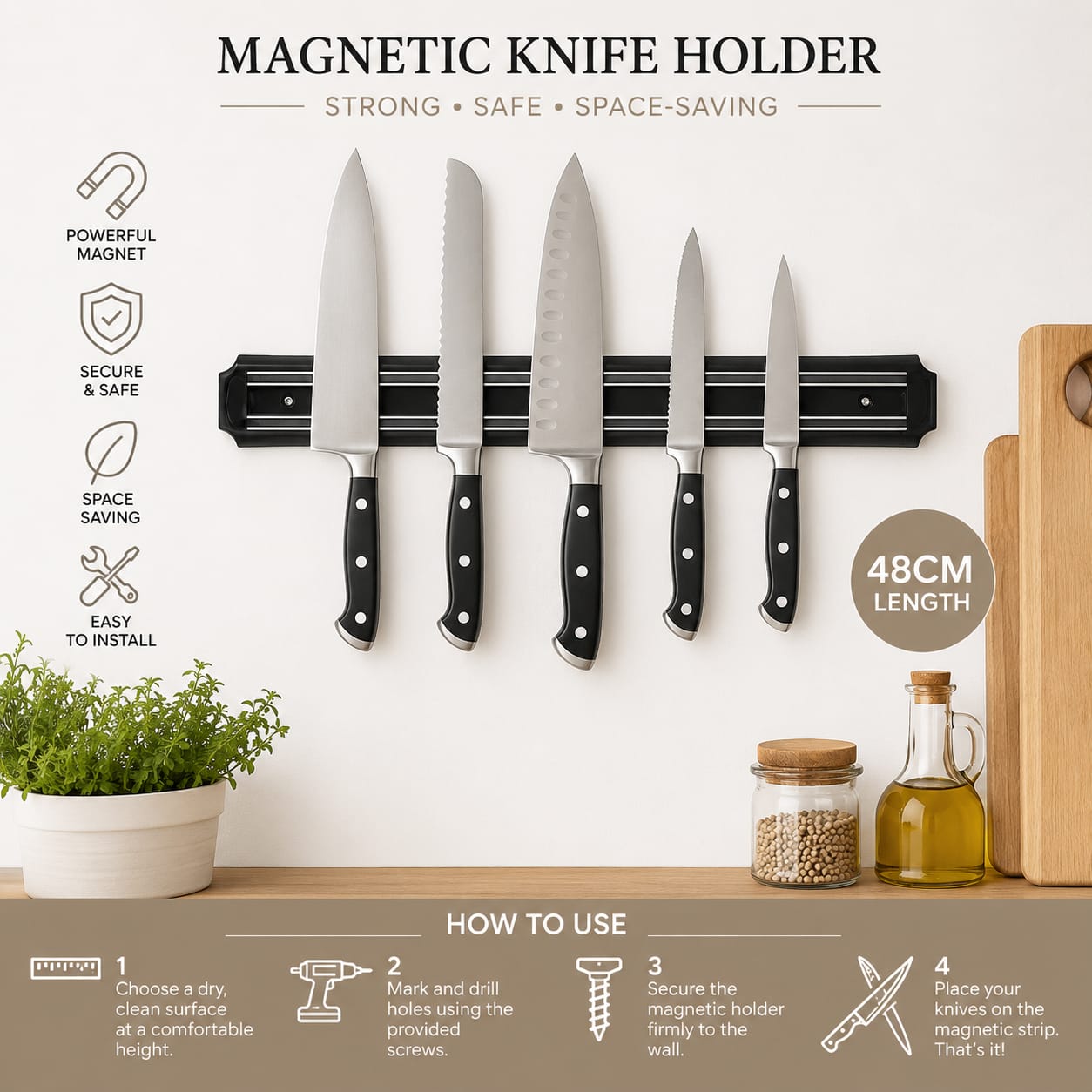 Premium 48cm Magnetic Knife Holder – Heavy-Duty Double-Core Wall Mount Strip, High-Stamina Cutlery Organizer & Sleek Space-Saving Kitchen Infrastructure Vault