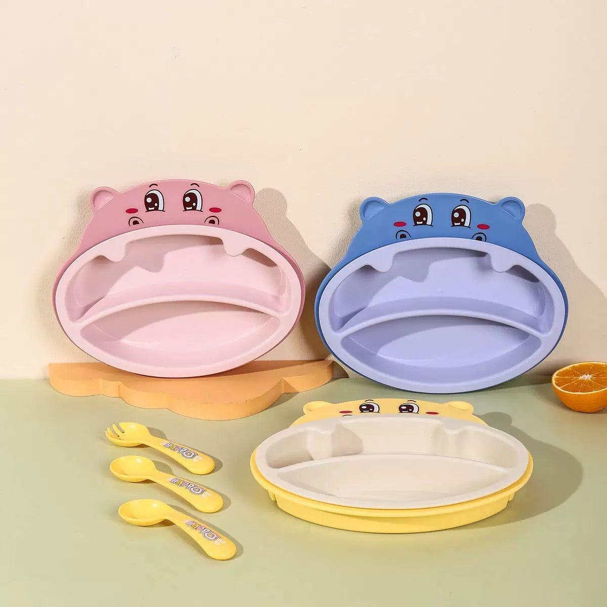 Hippo Tableware Set| 5-Pcs Set| Divided Baby Plates|Tableware Set for Kids| Toxin-Free, Food Grade and BPA Free| Attractive Spoon and Fork - Blue
