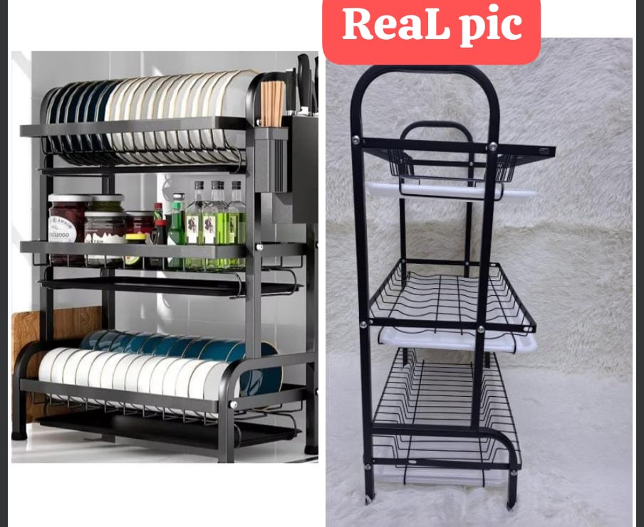 3-Tier Carbon Steel Dish Rack Storage Organizer – Heavy-Duty Kitchen Countertop Drainer Stand with Cutlery Holder and Chopping Board Attachment