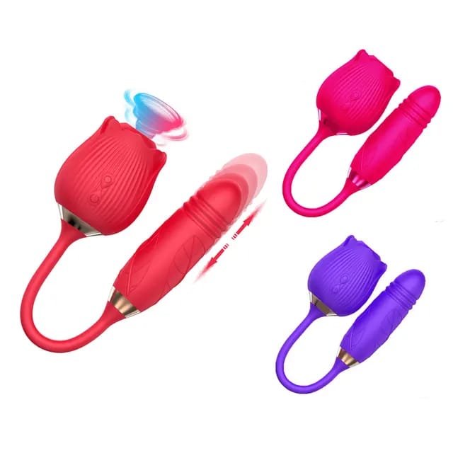Rose Connected Dildo Dual Massager - Rechargeable multi-speed tongue sucking and vibrating adult toy crafted with premium body-safe silicone for women. view 4