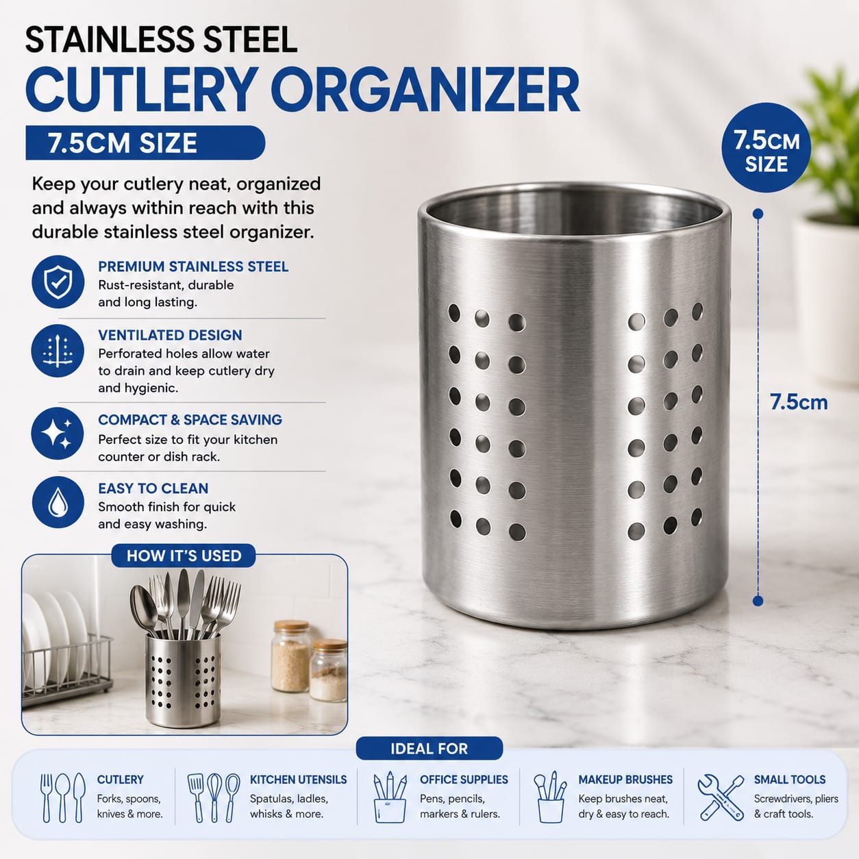 Premium Stainless Steel Cutlery Organizer (7.5cm) – Heavy-Duty Metallic Silverware Holder, High-Stamina Countertop Sorting Cup & Sleek High-Velocity Kitchen Infrastructure
