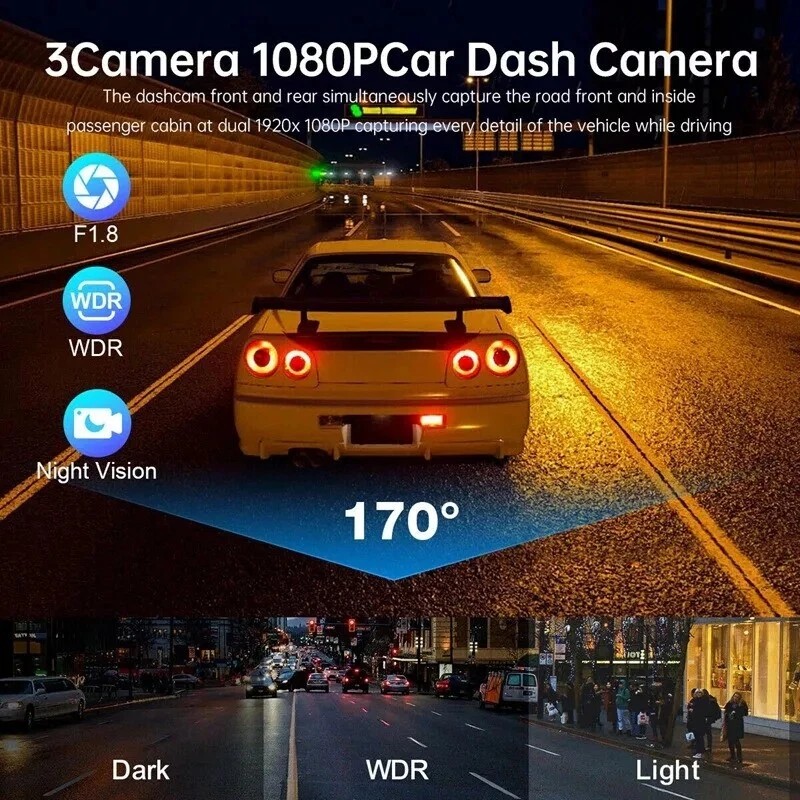 Front/Rear/Inside Video Recorder Camera G-sensor HD 1080P Car Dual Lens Dash Cam