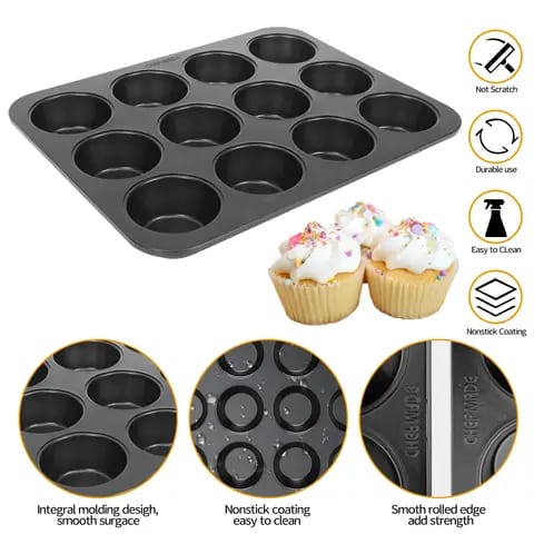 12-Hole Non-Stick Muffin and Cupcake Baking Tray – Professional Carbon Steel Bakeware with Smooth Rolled Edges