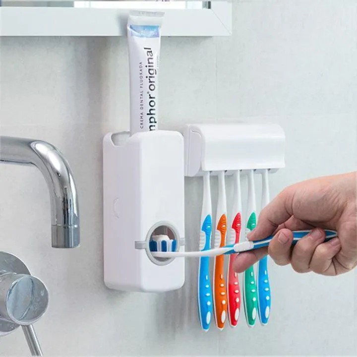 Toothpaste Dispenser and Toothbrush Holder Set, Wall Mounted Automatic Toothpaste Squeezer and Toothbrush Organizer Holder,Restroom Bathroom Accessories (5 Brushes Slots),White