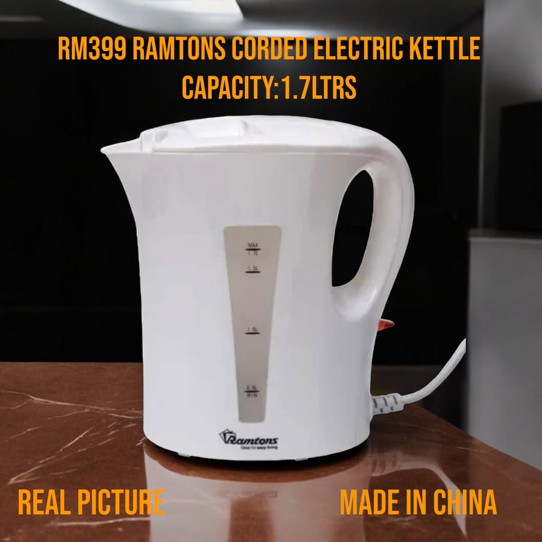 Ramtons 1.7L Corded Electric Kettle (2200W) – High-Velocity Large Capacity Water Boiler, Auto-Shutoff Smart Teapot & Easy-Clean Steam-Free Jug