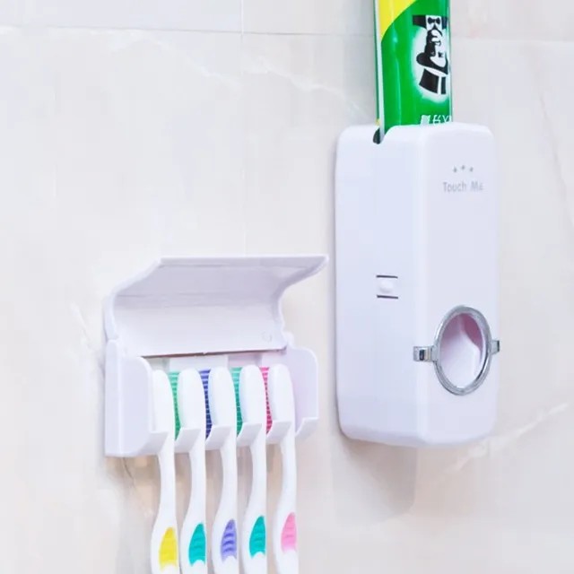 Toothpaste Dispenser and Toothbrush Holder Set, Wall Mounted Automatic Toothpaste Squeezer and Toothbrush Organizer Holder,Restroom Bathroom Accessories (5 Brushes Slots),White
