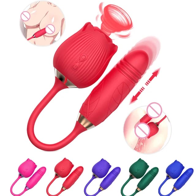 Rose Connected Dildo Dual Massager - Rechargeable multi-speed tongue sucking and vibrating adult toy crafted with premium body-safe silicone for women.