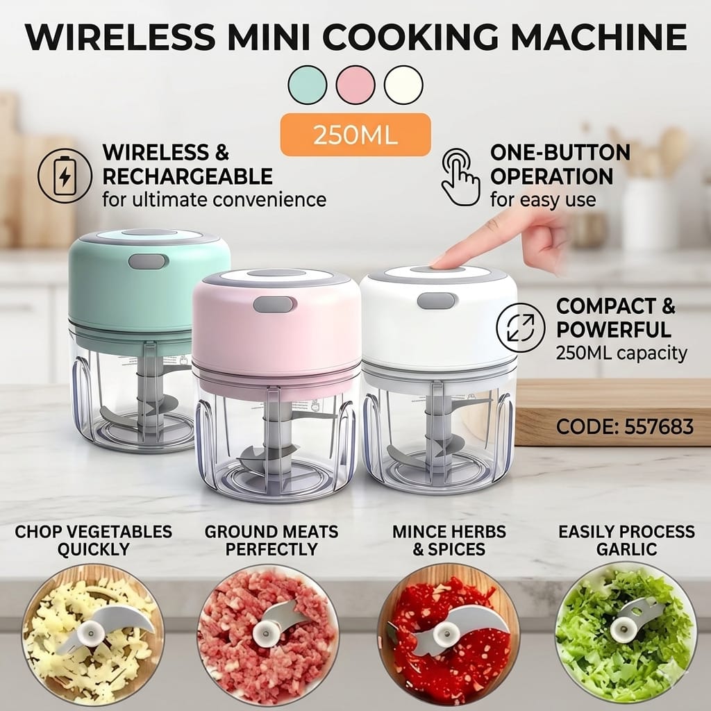 Wireless Mini Cooking Machine (250ML) – Cordless Rechargeable Food Processor, High-Stamina Garlic & Onion Chopper & Sleek Kitchen Infrastructure