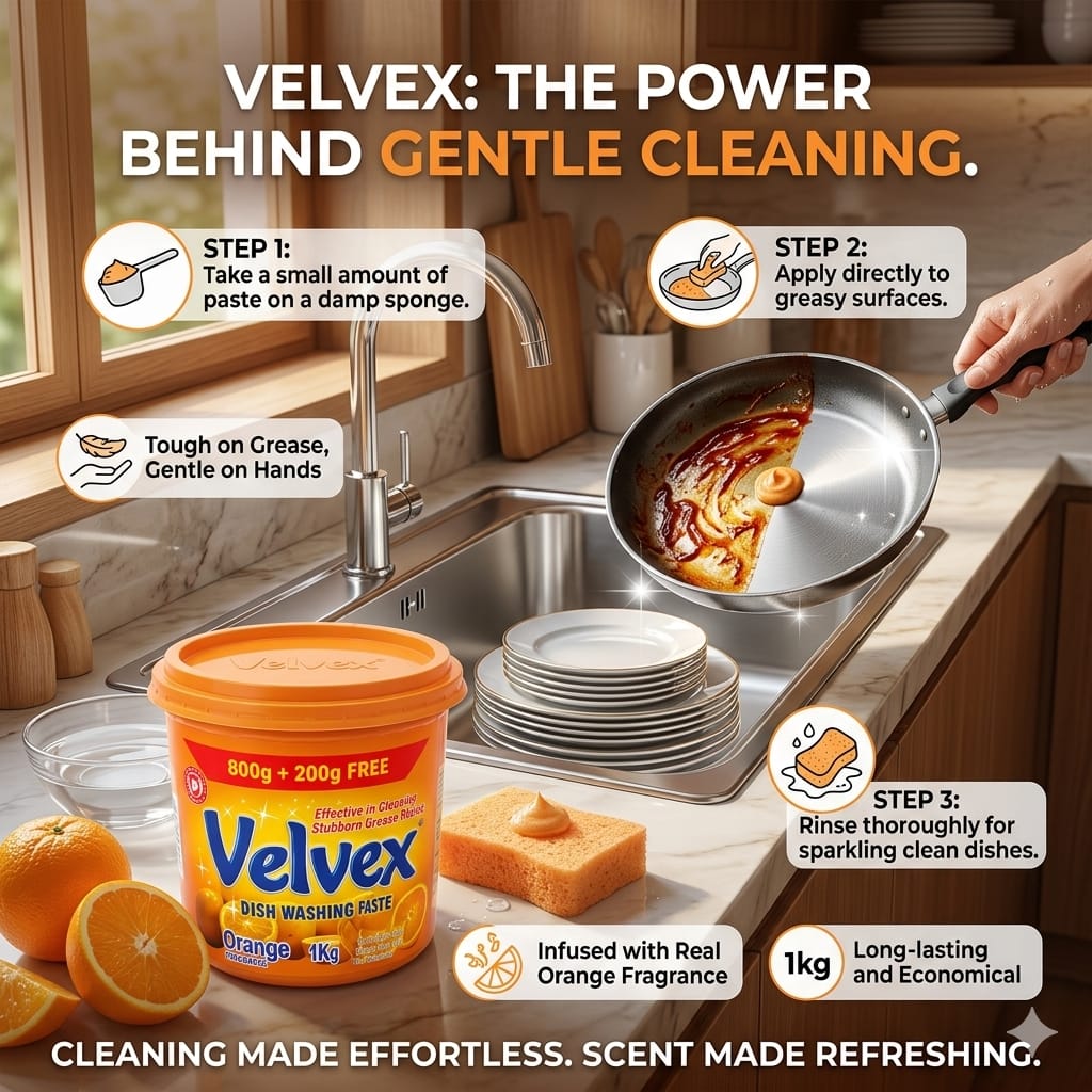 🍊 ULTRA GREASE STRIPPER! Velvex 1kg Orange Dishwashing Paste – High-Foam Utensil Cleaner, Eco-Friendly Kitchen Degreaser & Skin-Gentle Detergent Tub (💥 EXTRA ECONOMICAL SUFURIA SAVER!)