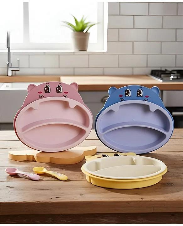 Hippo Tableware Set| 5-Pcs Set| Divided Baby Plates|Tableware Set for Kids| Toxin-Free, Food Grade and BPA Free| Attractive Spoon and Fork - Blue