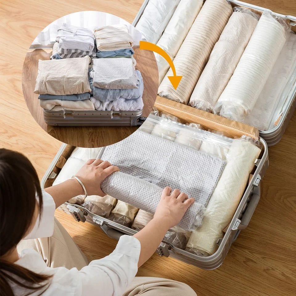 10pcs Travel Cloth Organizer, Travel Space Saver Compression Storage Bag. Wet clothes travel Vacuum Compressed Bag Travel Roll up Vacuum Storage Bag Set