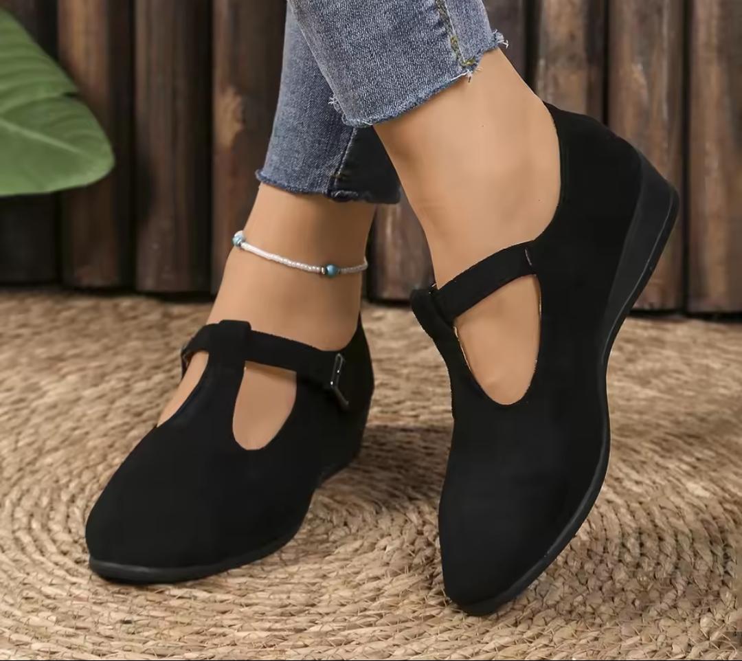 🥿 WOMEN'S T-STRAP FAUX SUEDE MARY JANE LOW WEDGE PUMPS ✨🤎