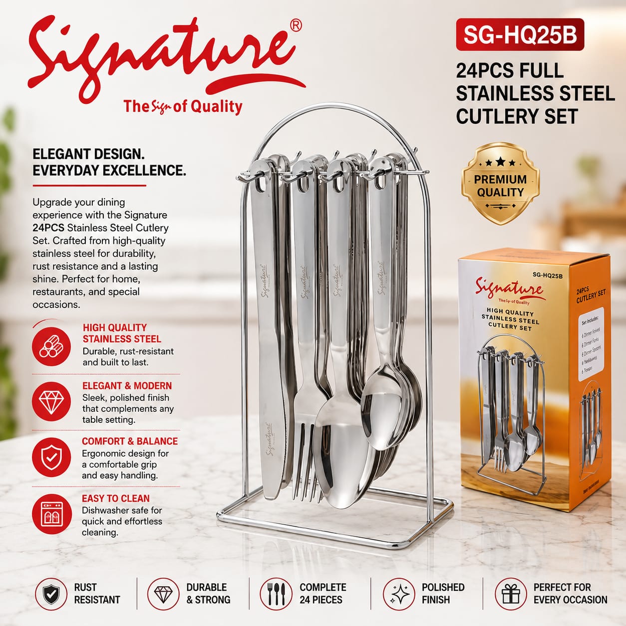 Signature SG-HQ25B 24PCS Full Stainless Steel Cutlery Set with Hanging Storage Stand