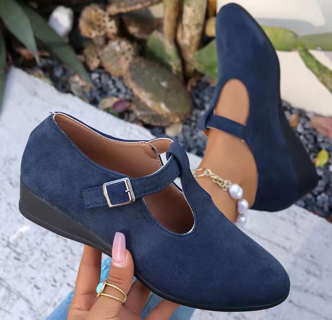 🥿 WOMEN'S T-STRAP FAUX SUEDE MARY JANE LOW WEDGE PUMPS ✨🤎
