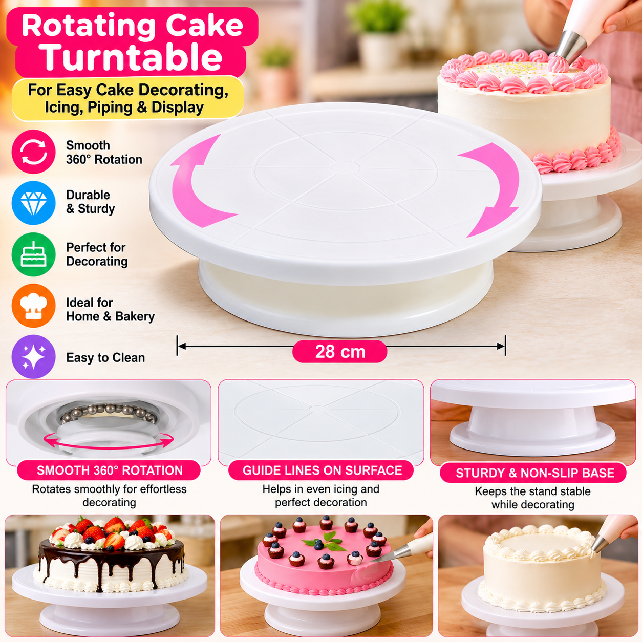Rotating Cake Turntable Display Stand – 28cm Smooth Revolving Lazy Susan Platform for Easy Cake Decorating, Icing, Piping, and Bakery Display