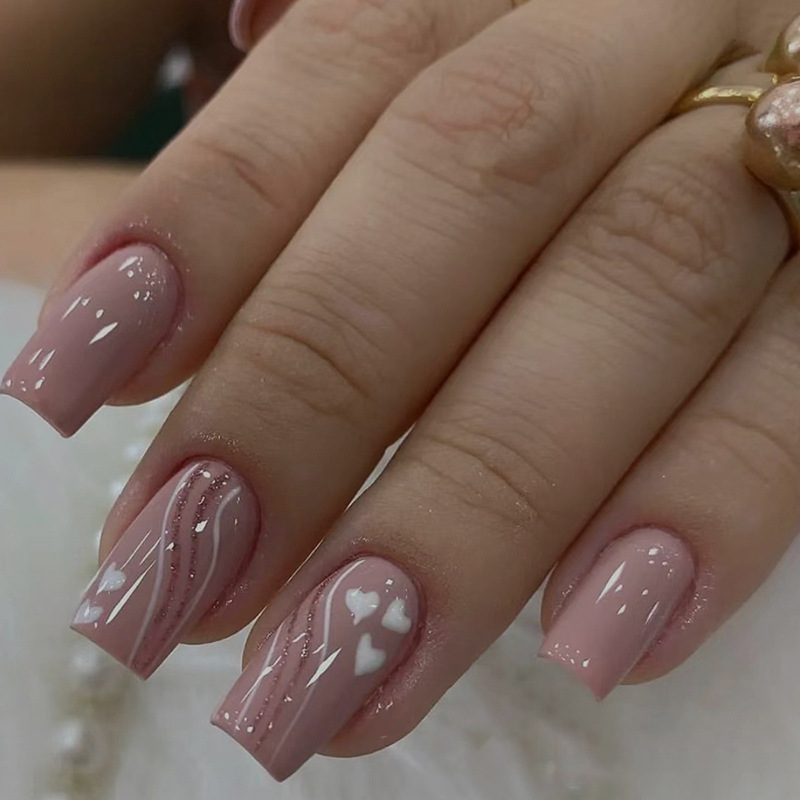 24Pcs Nude Lotus pink Nail Art Heart-shaped Waves Cute Detachable square Press-on False Nails Finger Pink Square Glitter Custom Private Label Nails Press on Nails  ABS French Wear Nails