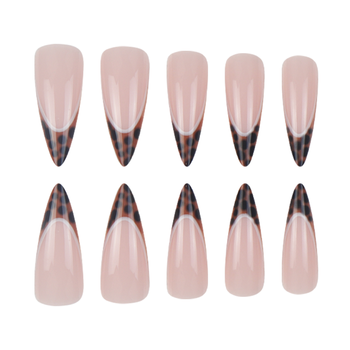 tiger Stiletto Medium Length 24Pcs Press on Nails Acrylic Handcrafted Set 24 Long Pointed Full Cover Artificial Fingernails Double French Leopard Print ABS Pre-Designed Stiletto Medium view 2