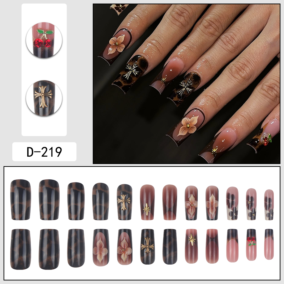 cherries 24PCs ABS Material Retro Brown Flower Cherry Rhinestone Pattern Full Cover Fake Nails for Finger Application Set of Retro Floral CrossPattern Peach Gradient French &Floral Art