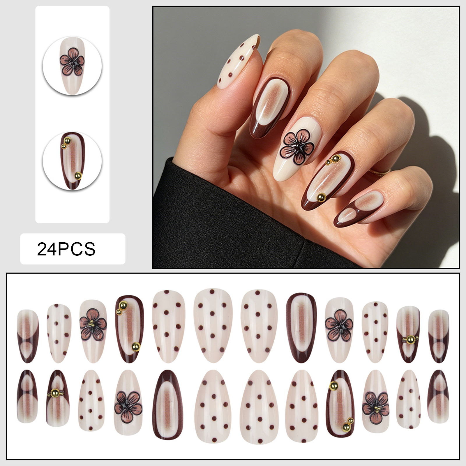 Almond Press on Nails 24pcs Brown Polka Dot Flower Design False Nails with Gold Beads Reusable Full CoverPress on Nails Translucent Finish Made from high clarity resin material