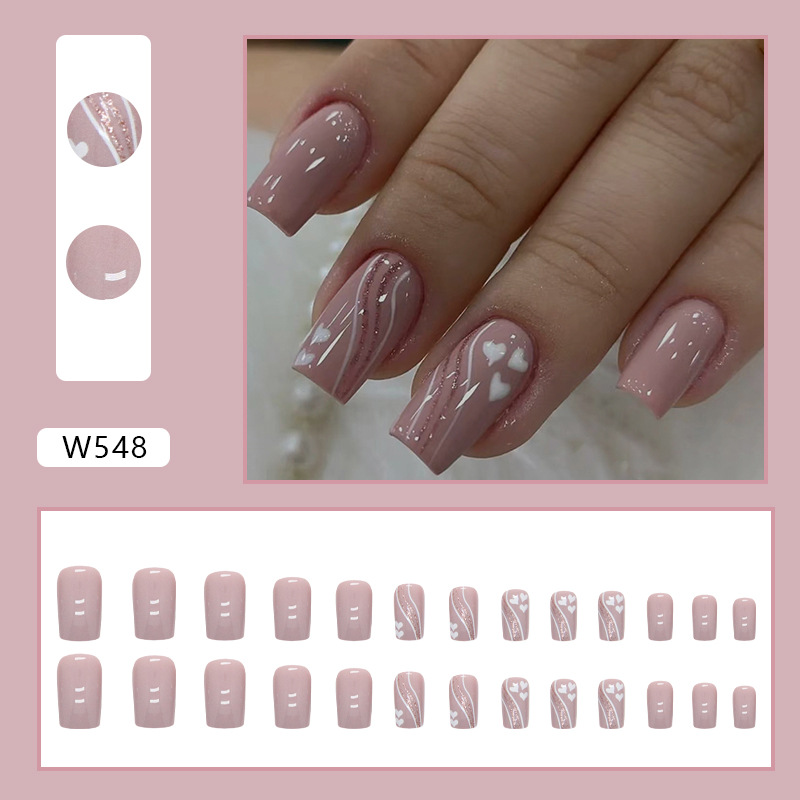 24Pcs Nude Lotus pink Nail Art Heart-shaped Waves Cute Detachable square Press-on False Nails Finger Pink Square Glitter Custom Private Label Nails Press on Nails  ABS French Wear Nails view 3