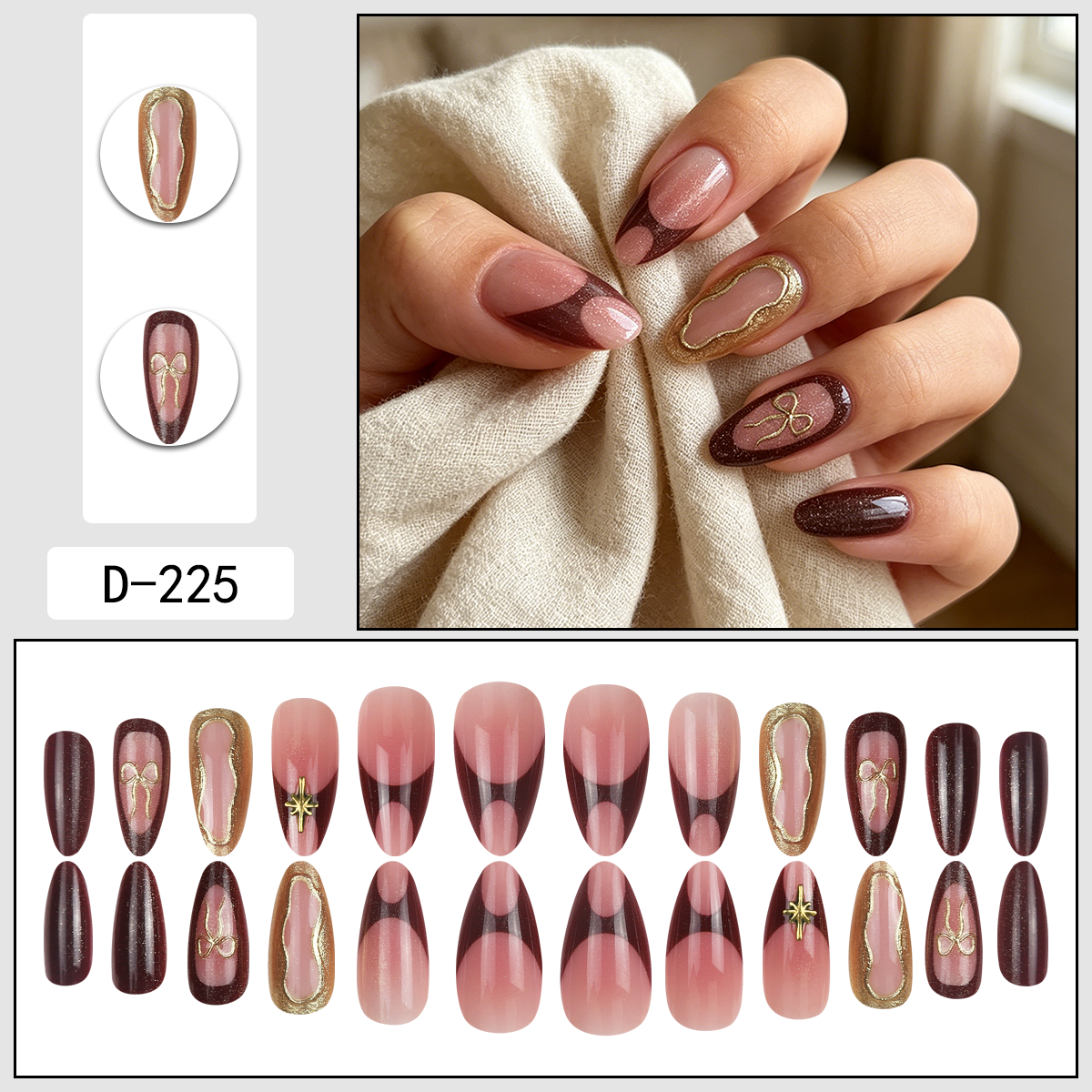 24pcs Burgundy Pink French Tip Almond Press on Nails with Gold Bow Star Charms Reusable False Nails Bulk for Women Red Gold Lines Refreshing Red Border Wearing Nail Art
