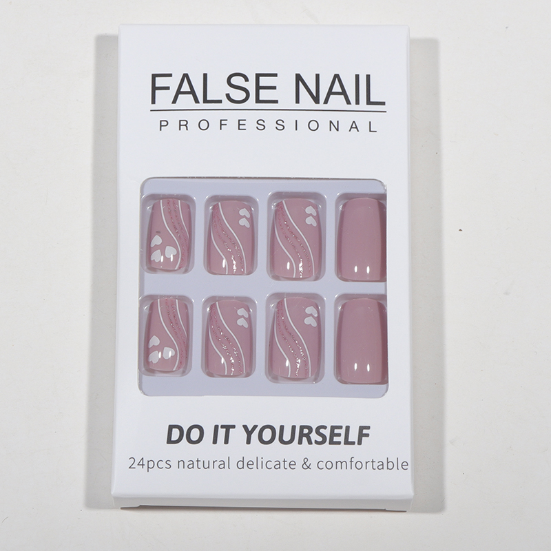 24Pcs Nude Lotus pink Nail Art Heart-shaped Waves Cute Detachable square Press-on False Nails Finger Pink Square Glitter Custom Private Label Nails Press on Nails  ABS French Wear Nails view 6