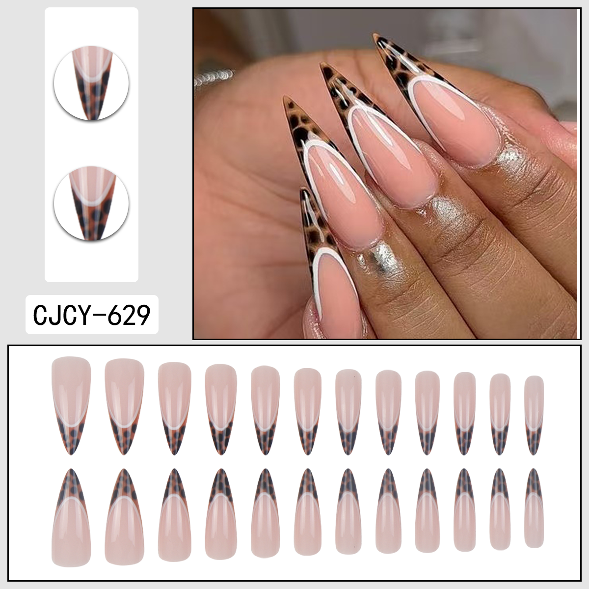 tiger Stiletto Medium Length 24Pcs Press on Nails Acrylic Handcrafted Set 24 Long Pointed Full Cover Artificial Fingernails Double French Leopard Print ABS Pre-Designed Stiletto Medium view 3