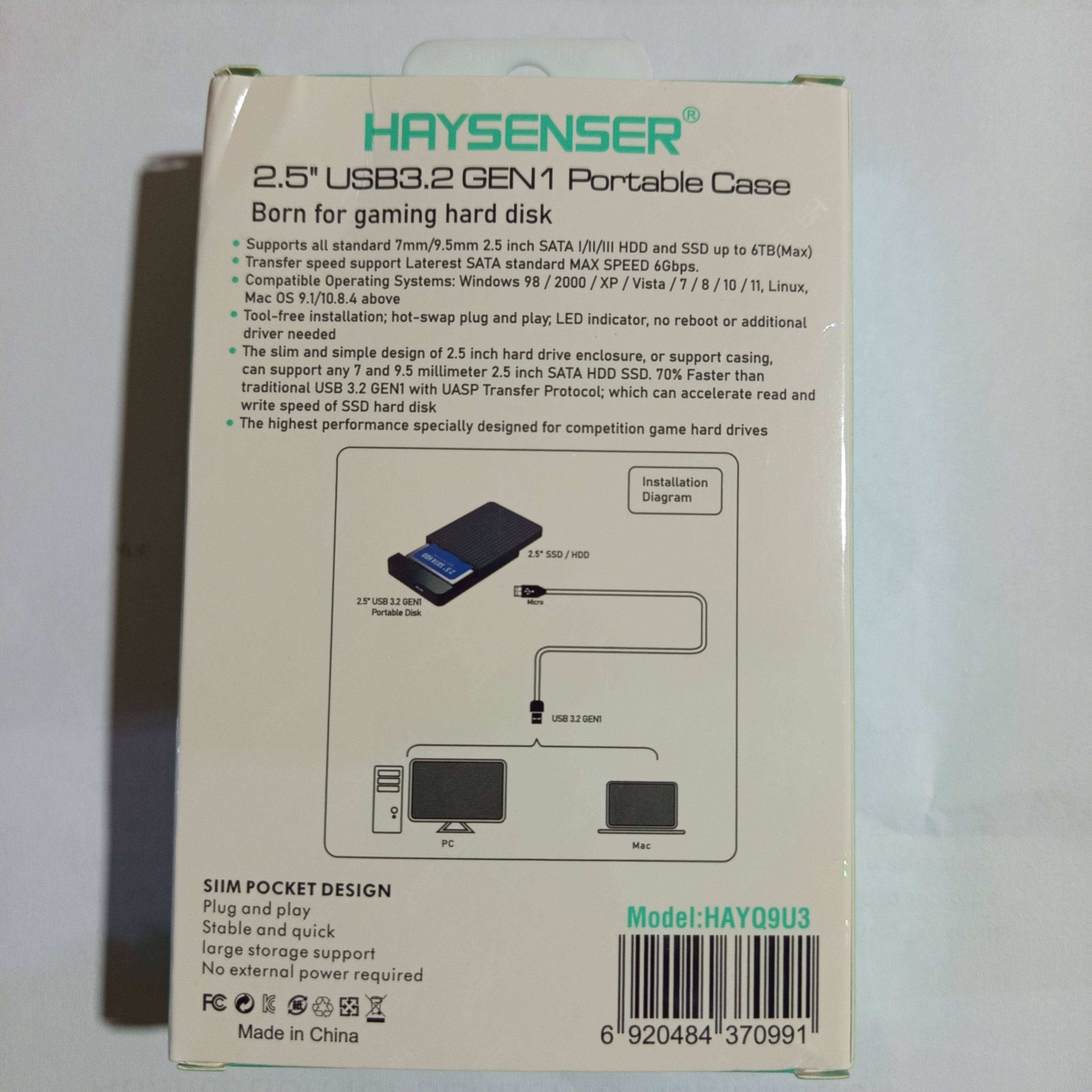 Haysenser USB Portable case for SATA SSD/Hard Drive