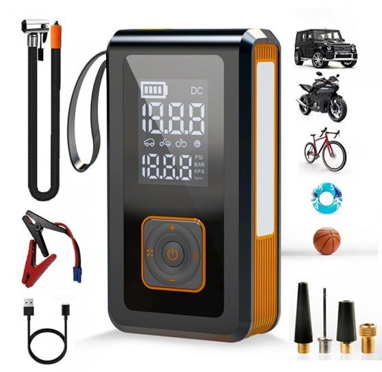 7-in-1 multi-function car jump starter with Powerbank, flashlight, compressor, pressure gauge and quick start function. Ideal for car emergencies and camping. Portable, powerful