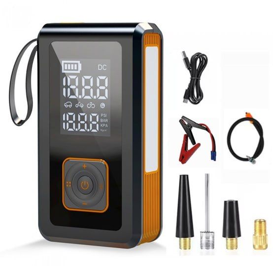 7-in-1 multi-function car jump starter with Powerbank, flashlight, compressor, pressure gauge and quick start function. Ideal for car emergencies and camping. Portable, powerful