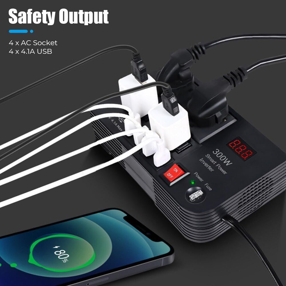 Portable Car Power Inverter Car Charging Adapter DC 12V To AC 220V 300W Converter 4USB Charger Outlet Socket Auto Accessories