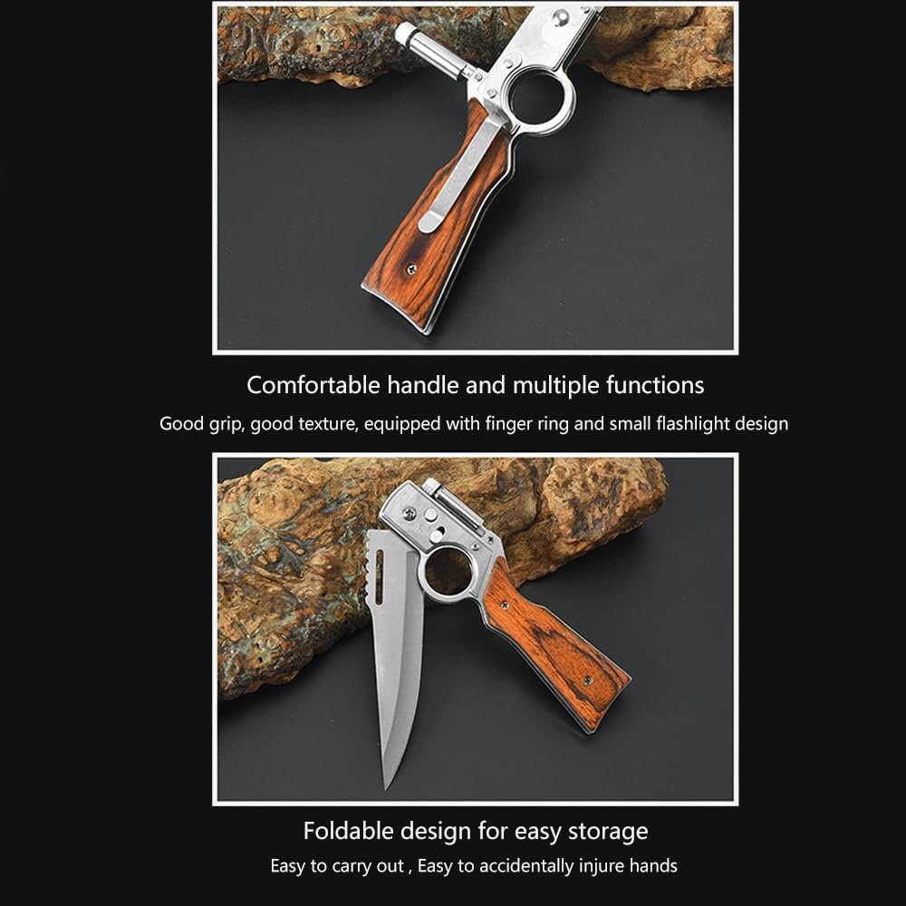 Flipper Pocket Folding Knife Push Button Lock Knife, Stainless Steel Blade, Wooden Handle and Pocket Clip, Protable Knife with LED Light for Men's Gift, Camping Survival EDC Knives