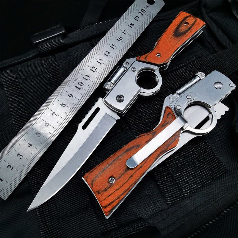 Flipper Pocket Folding Knife Push Button Lock Knife, Stainless Steel Blade, Wooden Handle and Pocket Clip, Protable Knife with LED Light for Men's Gift, Camping Survival EDC Knives