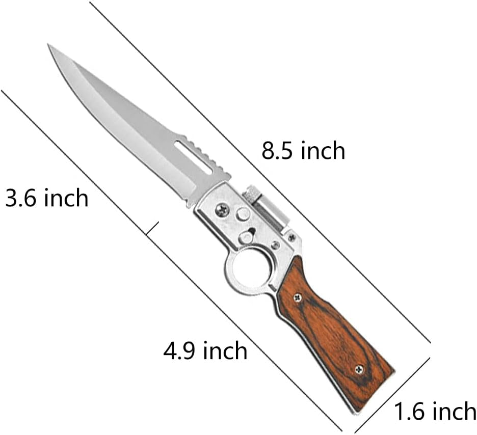 Flipper Pocket Folding Knife Push Button Lock Knife, Stainless Steel Blade, Wooden Handle and Pocket Clip, Protable Knife with LED Light for Men's Gift, Camping Survival EDC Knives