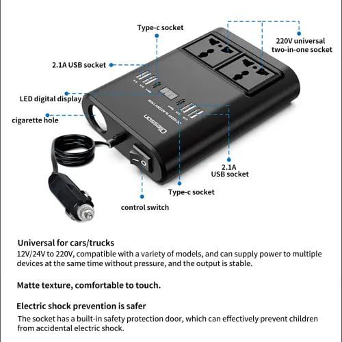 Car Power Inverter 150 Watts DC 12V To AC 220V Converter Outlets 2 USB Universal Socket Power Adapter Inverter With LED Digital Display Extension Cable With USB